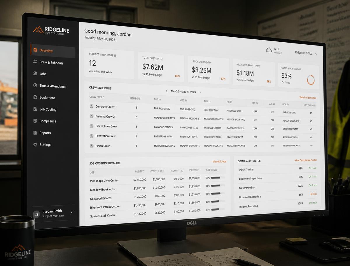 Operational dashboard showing crew scheduling, job costing and compliance status