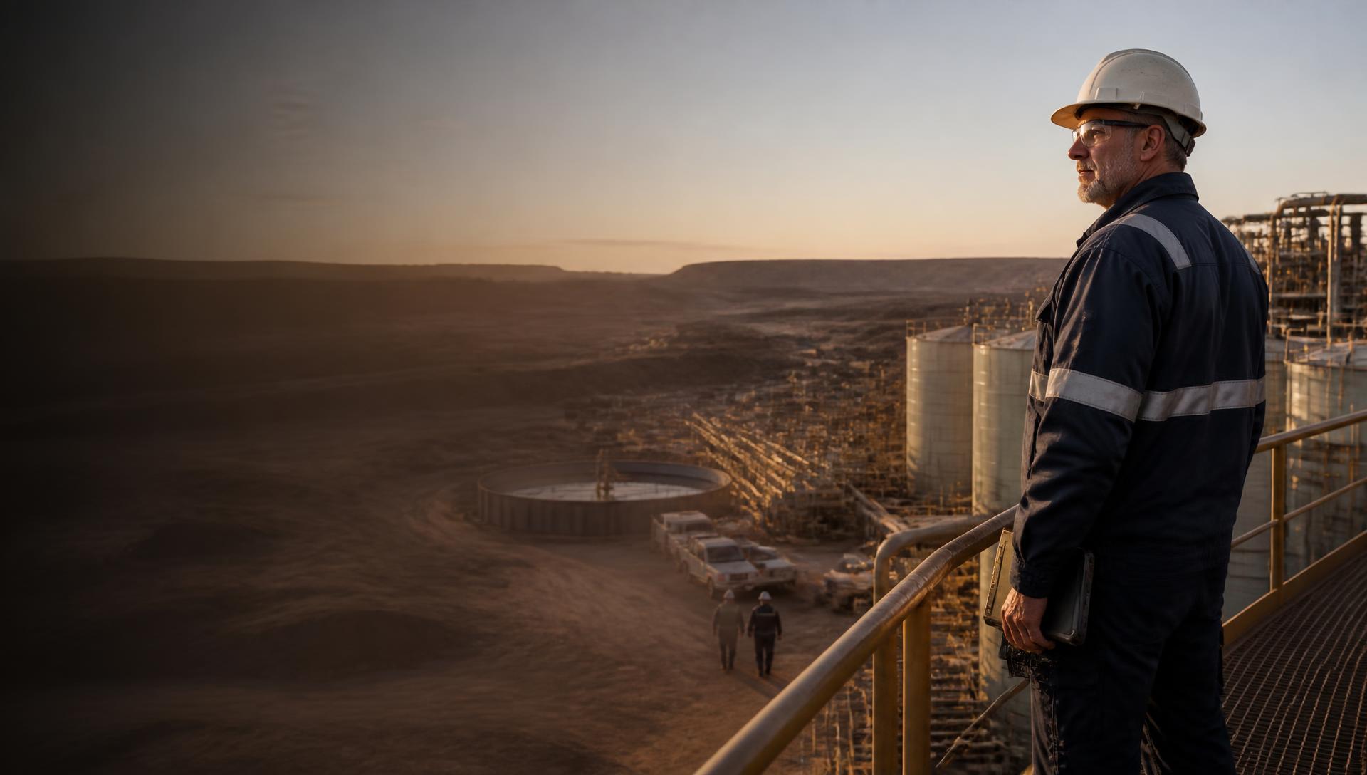 Senior operations executive overlooking a large Australian resource processing facility in late afternoon light